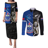 New Zealand And Samoa Rugby Couples Matching Puletasi Dress and Long Sleeve Button Shirts All Black Tiki Fern Mix Manu Samoa 2023 World Cup LT14 Black - Polynesian Pride