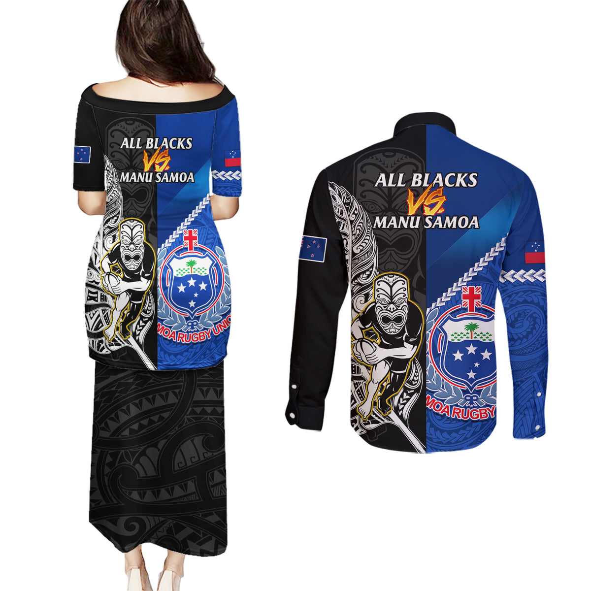 New Zealand And Samoa Rugby Couples Matching Puletasi Dress and Long Sleeve Button Shirts All Black Tiki Fern Mix Manu Samoa 2023 World Cup LT14 - Polynesian Pride