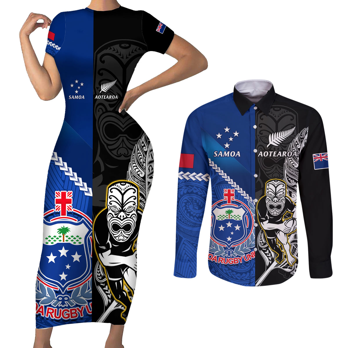 New Zealand And Samoa Rugby Couples Matching Short Sleeve Bodycon Dress and Long Sleeve Button Shirts All Black Tiki Fern Mix Manu Samoa 2023 World Cup LT14 Black - Polynesian Pride