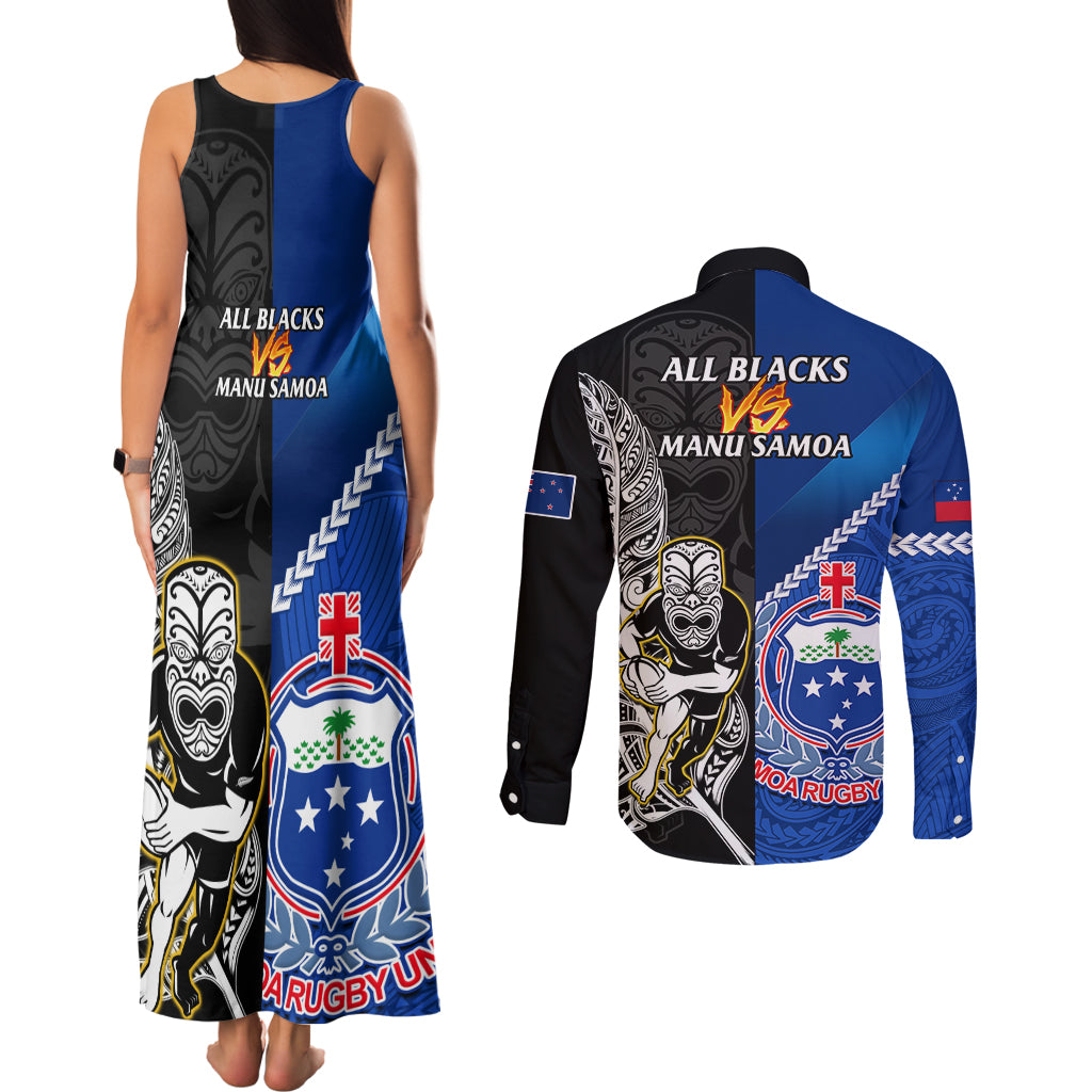 New Zealand And Samoa Rugby Couples Matching Tank Maxi Dress and Long Sleeve Button Shirts All Black Tiki Fern Mix Manu Samoa 2023 World Cup LT14 - Polynesian Pride