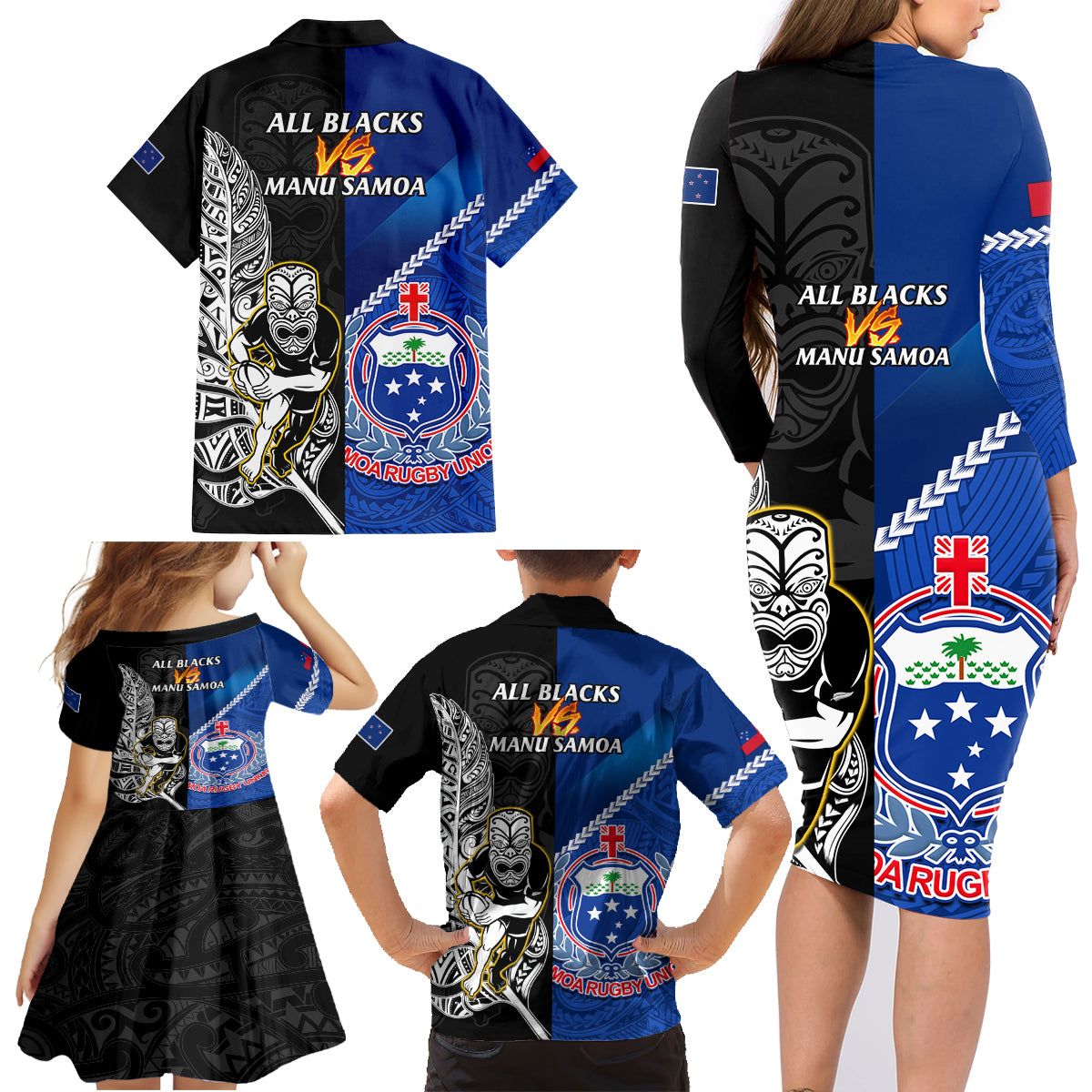 New Zealand And Samoa Rugby Family Matching Long Sleeve Bodycon Dress and Hawaiian Shirt All Black Tiki Fern Mix Manu Samoa 2023 World Cup LT14 - Polynesian Pride