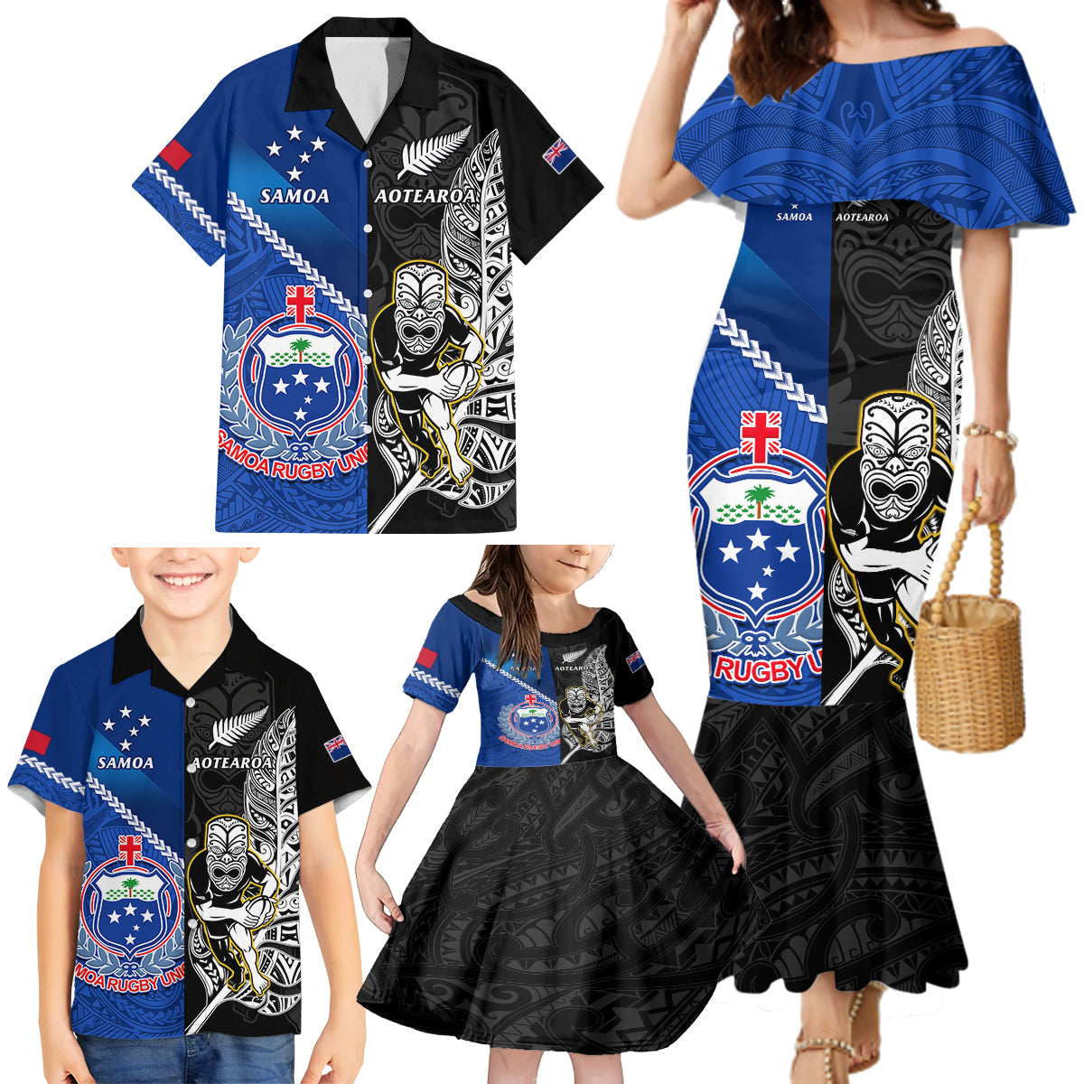 New Zealand And Samoa Rugby Family Matching Mermaid Dress and Hawaiian Shirt All Black Tiki Fern Mix Manu Samoa 2023 World Cup LT14 - Polynesian Pride