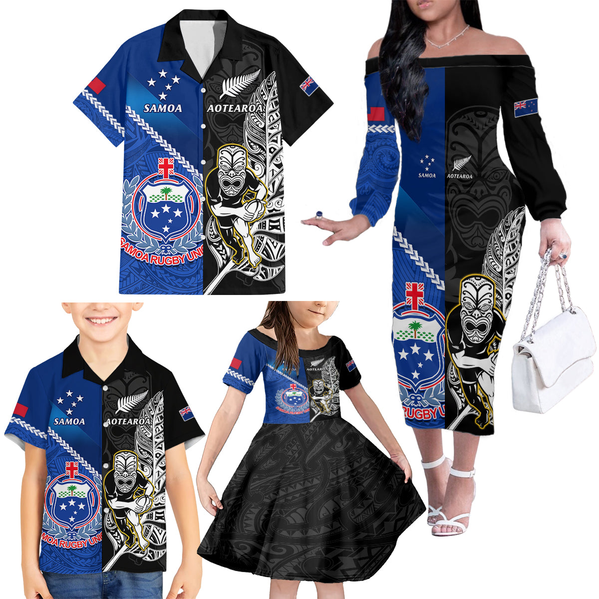 New Zealand And Samoa Rugby Family Matching Off Shoulder Long Sleeve Dress and Hawaiian Shirt All Black Tiki Fern Mix Manu Samoa 2023 World Cup LT14 - Polynesian Pride