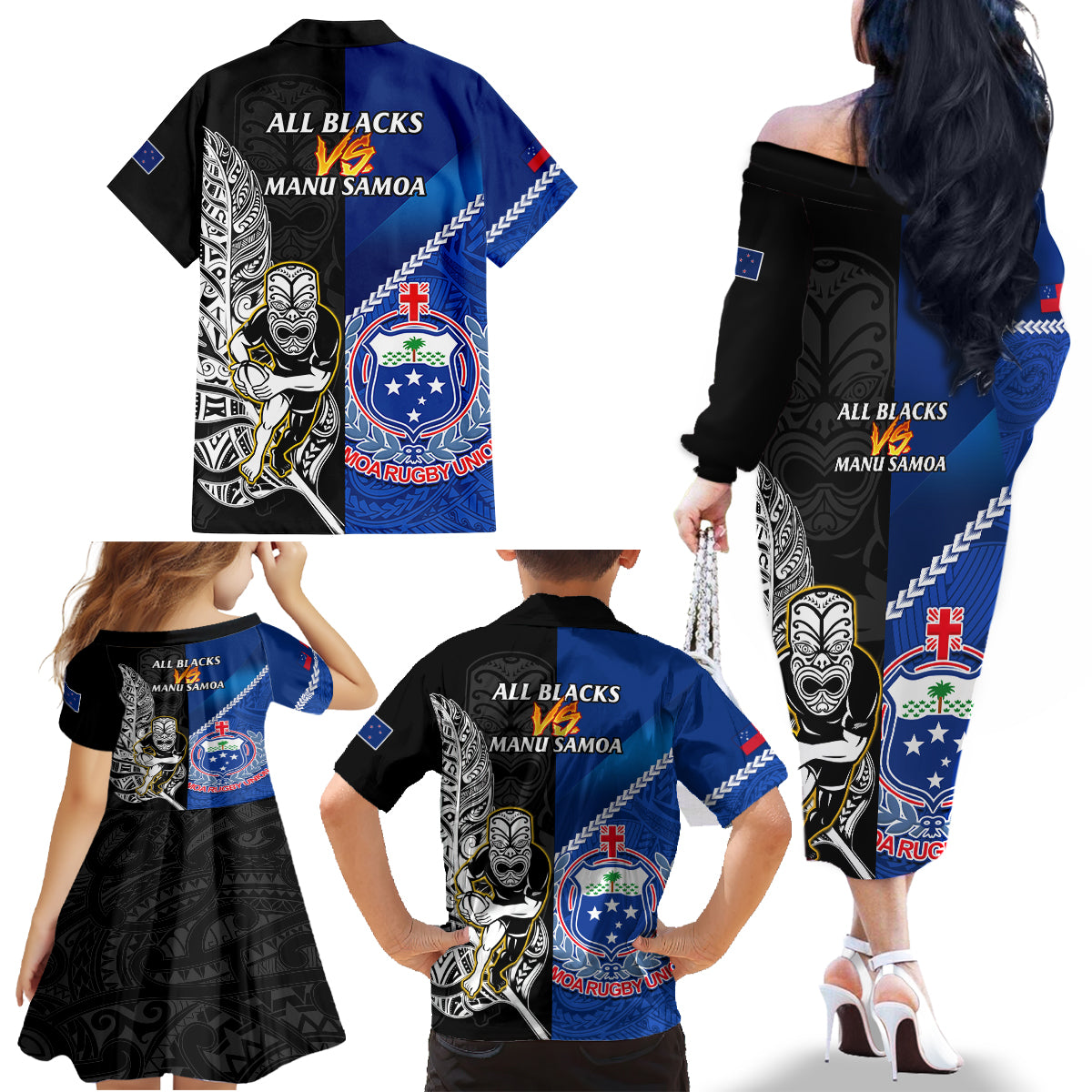 New Zealand And Samoa Rugby Family Matching Off Shoulder Long Sleeve Dress and Hawaiian Shirt All Black Tiki Fern Mix Manu Samoa 2023 World Cup LT14 - Polynesian Pride