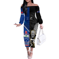 New Zealand And Samoa Rugby Family Matching Off Shoulder Long Sleeve Dress and Hawaiian Shirt All Black Tiki Fern Mix Manu Samoa 2023 World Cup LT14 Mom's Dress Black - Polynesian Pride