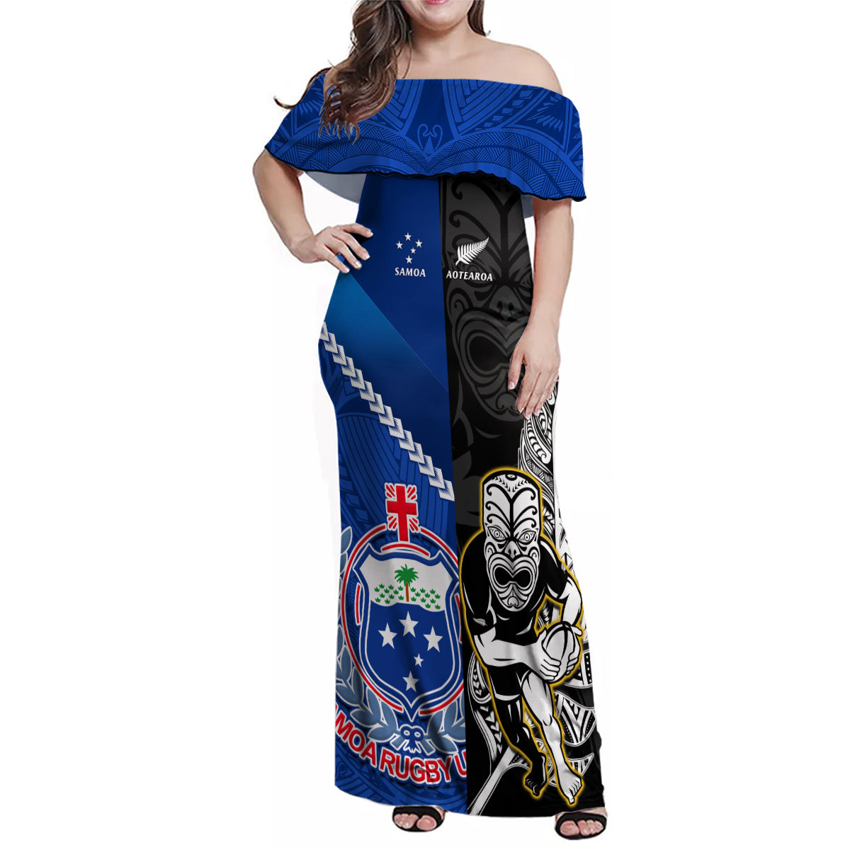 New Zealand And Samoa Rugby Family Matching Off Shoulder Maxi Dress and Hawaiian Shirt All Black Tiki Fern Mix Manu Samoa 2023 World Cup LT14 Mom's Dress Black - Polynesian Pride