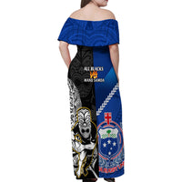 New Zealand And Samoa Rugby Family Matching Off Shoulder Maxi Dress and Hawaiian Shirt All Black Tiki Fern Mix Manu Samoa 2023 World Cup LT14 - Polynesian Pride