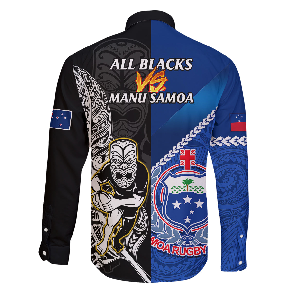 New Zealand And Samoa Rugby Family Matching Off Shoulder Short Dress and Hawaiian Shirt All Black Tiki Fern Mix Manu Samoa 2023 World Cup LT14 - Polynesian Pride
