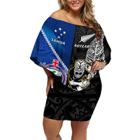 New Zealand And Samoa Rugby Family Matching Off Shoulder Short Dress and Hawaiian Shirt All Black Tiki Fern Mix Manu Samoa 2023 World Cup LT14 Mom's Dress Black - Polynesian Pride