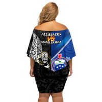 New Zealand And Samoa Rugby Family Matching Off Shoulder Short Dress and Hawaiian Shirt All Black Tiki Fern Mix Manu Samoa 2023 World Cup LT14 - Polynesian Pride