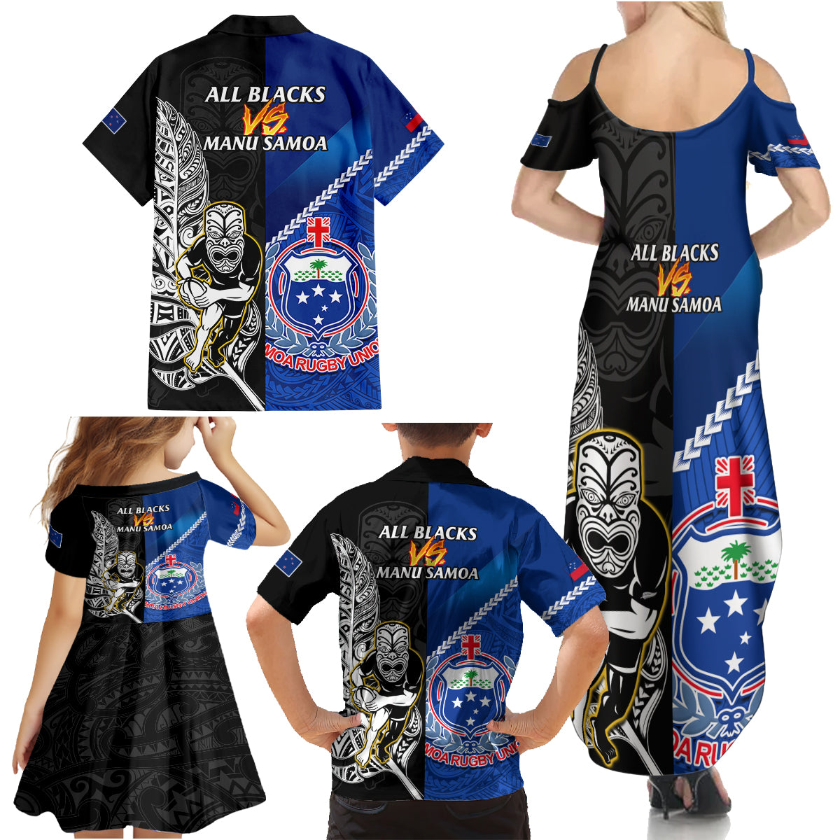 New Zealand And Samoa Rugby Family Matching Summer Maxi Dress and Hawaiian Shirt All Black Tiki Fern Mix Manu Samoa 2023 World Cup LT14 - Polynesian Pride