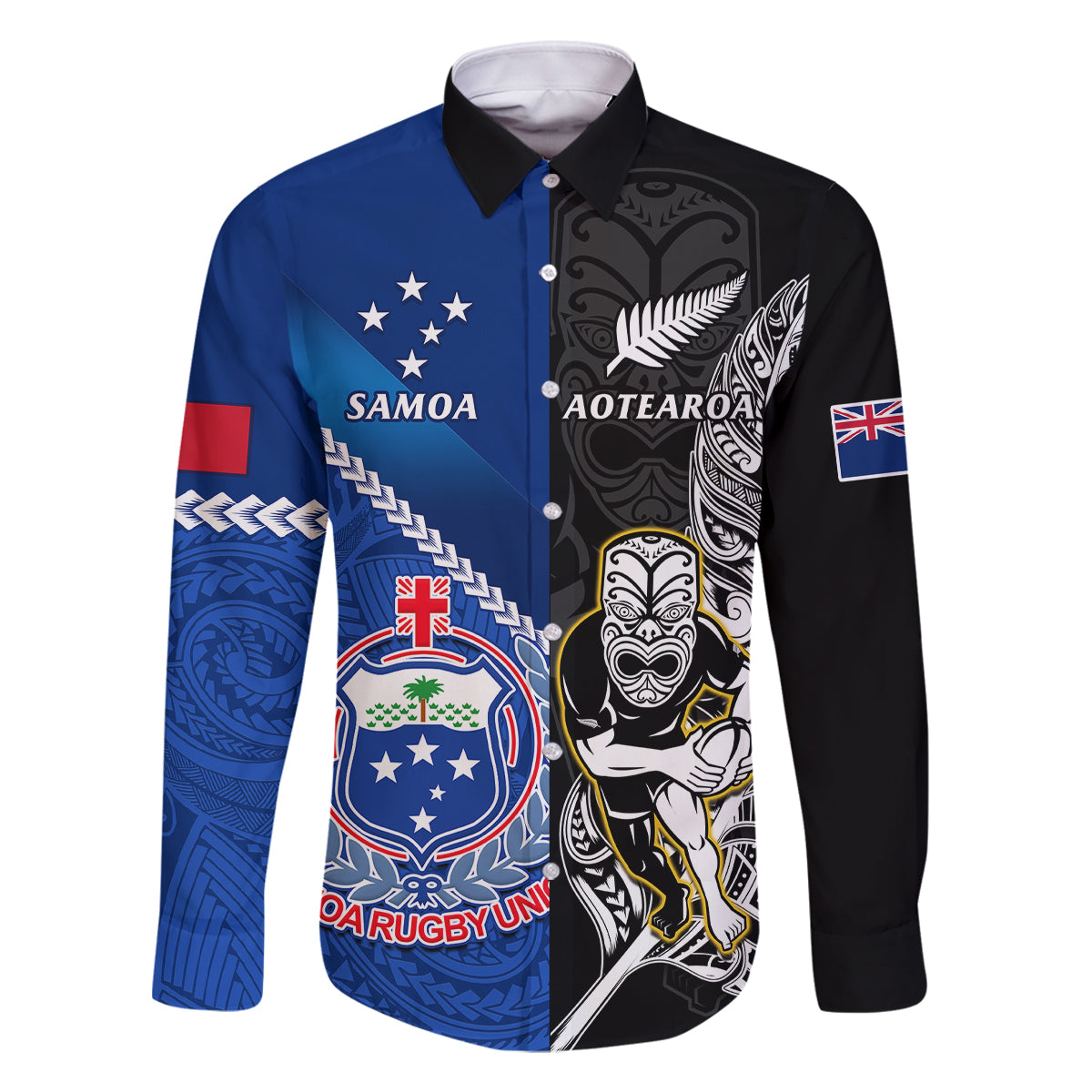 New Zealand And Samoa Rugby Family Matching Summer Maxi Dress and Hawaiian Shirt All Black Tiki Fern Mix Manu Samoa 2023 World Cup LT14 Dad's Shirt - Long Sleeve Black - Polynesian Pride