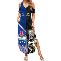 New Zealand And Samoa Rugby Family Matching Summer Maxi Dress and Hawaiian Shirt All Black Tiki Fern Mix Manu Samoa 2023 World Cup LT14 Mom's Dress Black - Polynesian Pride