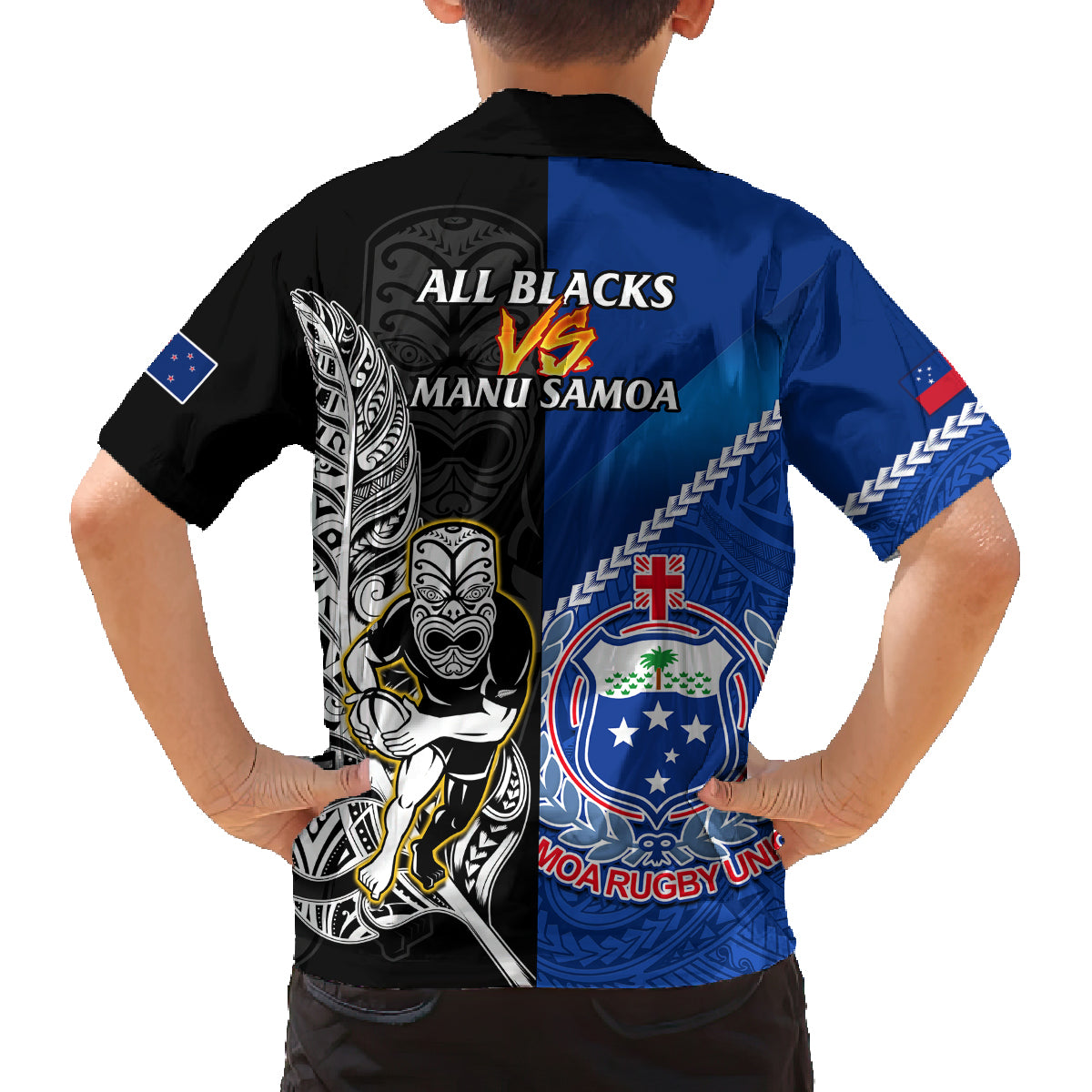 New Zealand And Samoa Rugby Family Matching Tank Maxi Dress and Hawaiian Shirt All Black Tiki Fern Mix Manu Samoa 2023 World Cup LT14 - Polynesian Pride