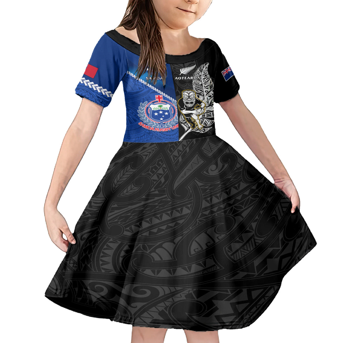 New Zealand And Samoa Rugby Kid Short Sleeve Dress All Black Tiki Fern Mix Manu Samoa 2023 World Cup LT14 KID Black - Polynesian Pride