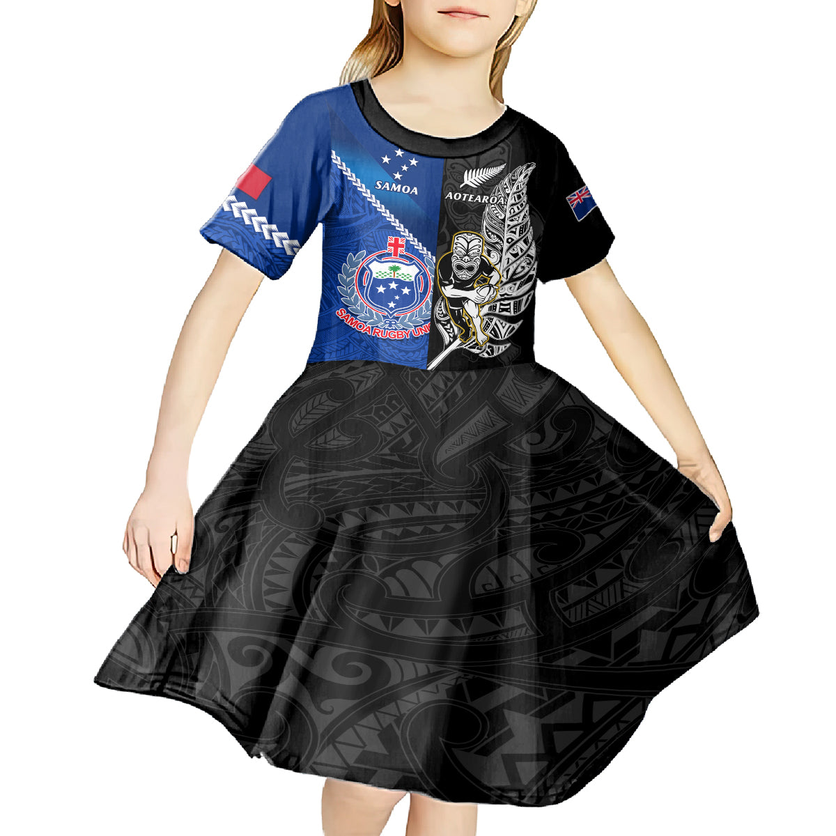 New Zealand And Samoa Rugby Kid Short Sleeve Dress All Black Tiki Fern Mix Manu Samoa 2023 World Cup LT14 - Polynesian Pride