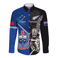 New Zealand And Samoa Rugby Long Sleeve Button Shirt All Black Tiki Fern Mix Manu Samoa 2023 World Cup LT14 Unisex Black - Polynesian Pride
