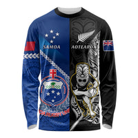New Zealand And Samoa Rugby Long Sleeve Shirt All Black Tiki Fern Mix Manu Samoa 2023 World Cup LT14 Unisex Black - Polynesian Pride