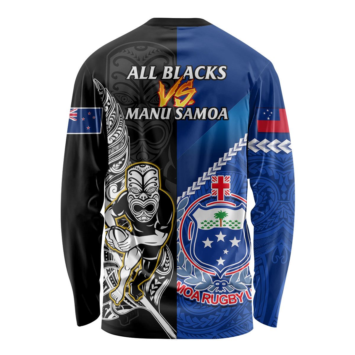New Zealand And Samoa Rugby Long Sleeve Shirt All Black Tiki Fern Mix Manu Samoa 2023 World Cup LT14 - Polynesian Pride