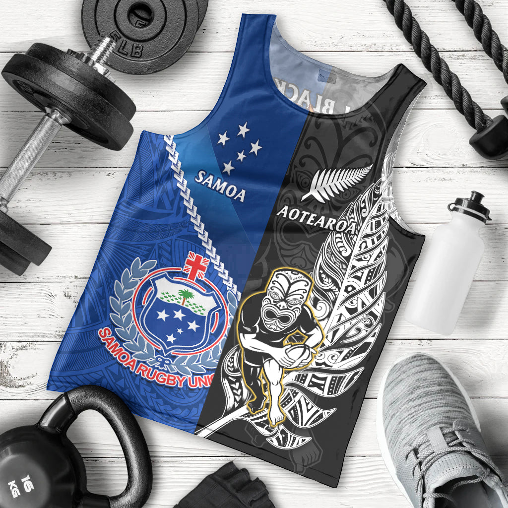 New Zealand And Samoa Rugby Men Tank Top All Black Tiki Fern Mix Manu Samoa 2023 World Cup LT14 Black - Polynesian Pride