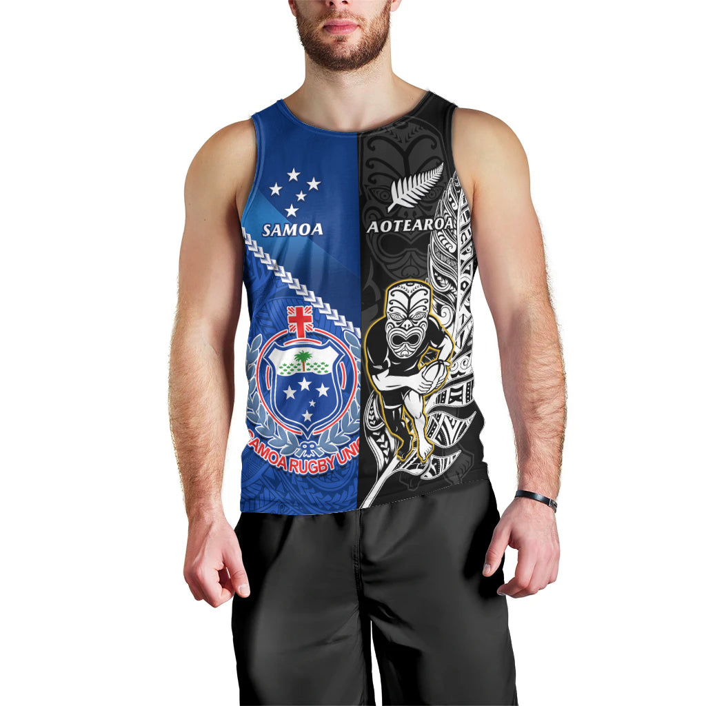 New Zealand And Samoa Rugby Men Tank Top All Black Tiki Fern Mix Manu Samoa 2023 World Cup LT14 - Polynesian Pride