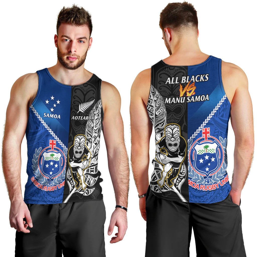 New Zealand And Samoa Rugby Men Tank Top All Black Tiki Fern Mix Manu Samoa 2023 World Cup LT14 - Polynesian Pride