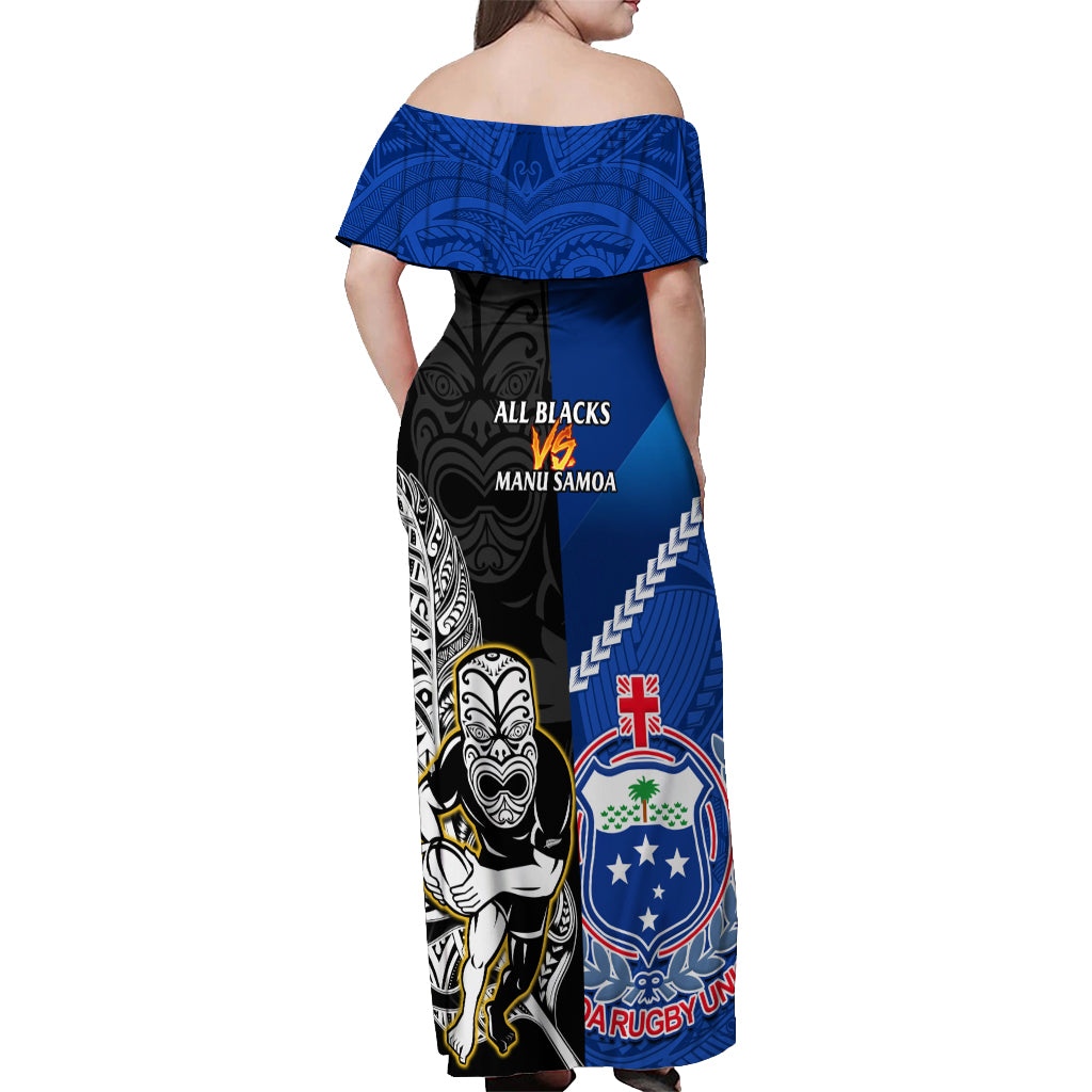 New Zealand And Samoa Rugby Off Shoulder Maxi Dress All Black Tiki Fern Mix Manu Samoa 2023 World Cup LT14 - Polynesian Pride