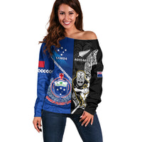 New Zealand And Samoa Rugby Off Shoulder Sweater All Black Tiki Fern Mix Manu Samoa 2023 World Cup LT14 Women Black - Polynesian Pride
