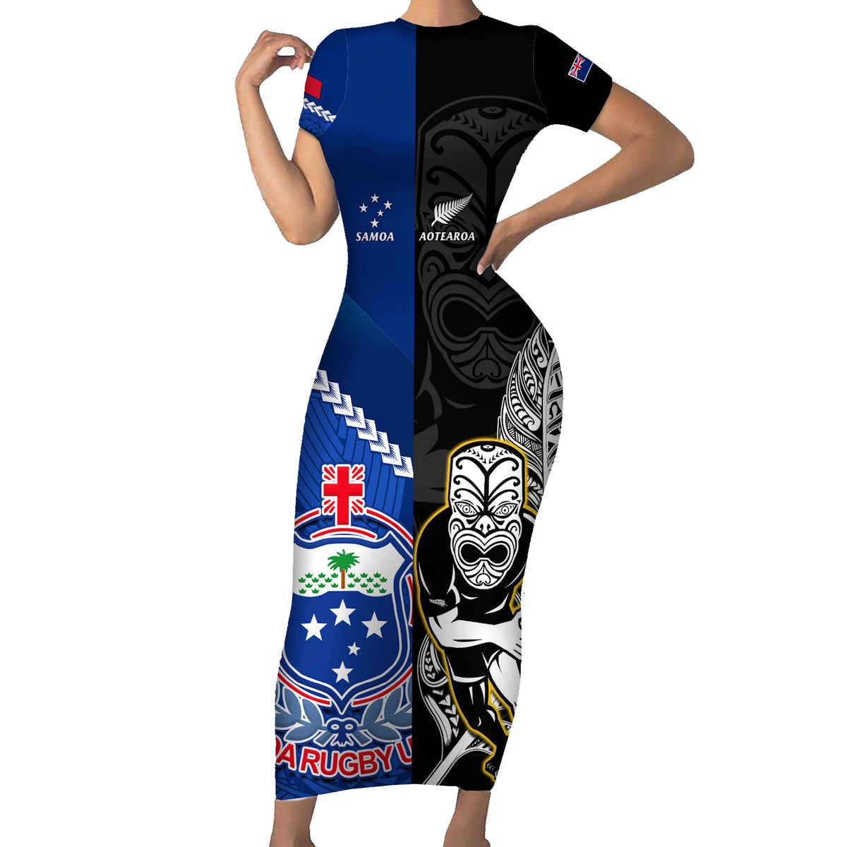 New Zealand And Samoa Rugby Short Sleeve Bodycon Dress All Black Tiki Fern Mix Manu Samoa 2023 World Cup LT14 Long Dress Black - Polynesian Pride