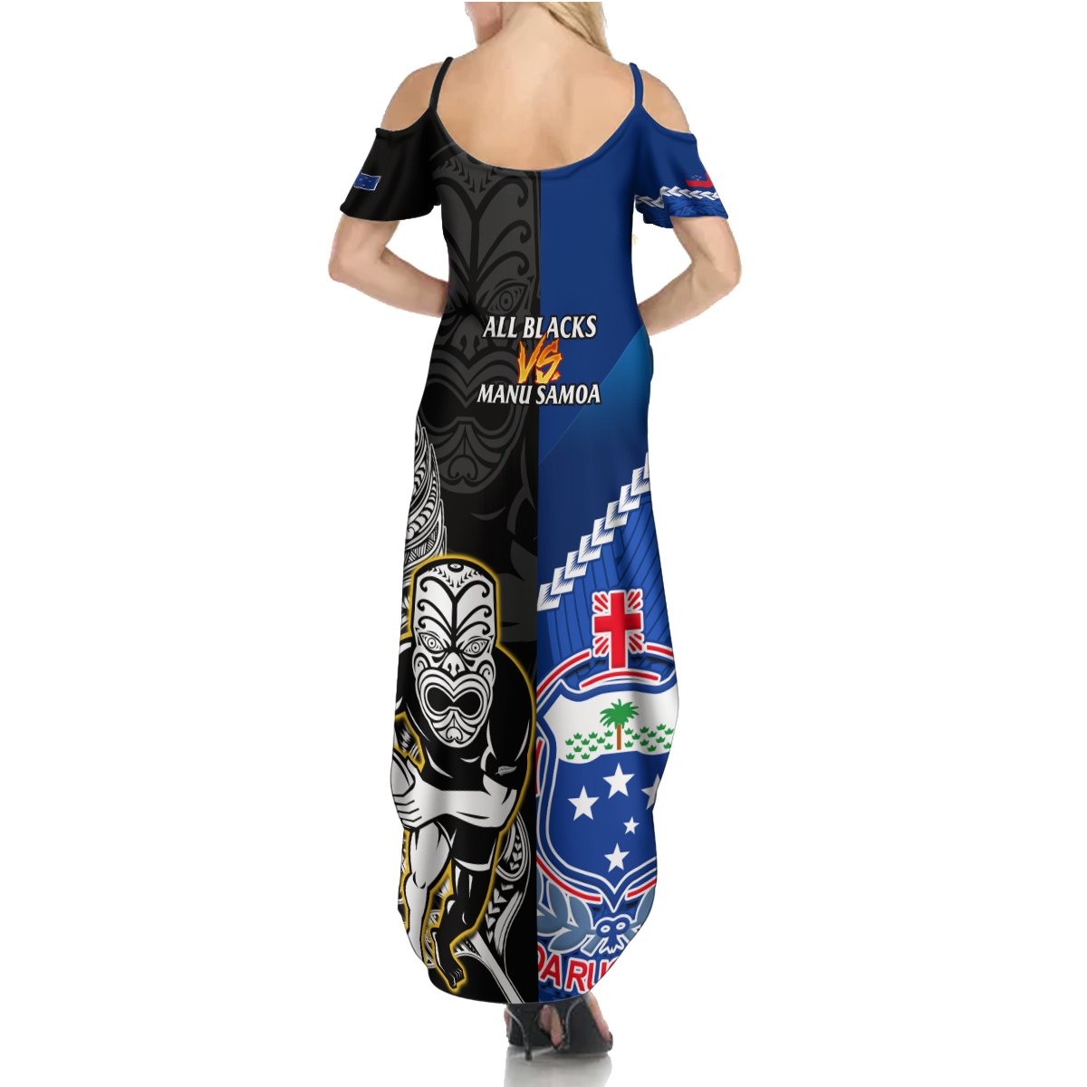 New Zealand And Samoa Rugby Summer Maxi Dress All Black Tiki Fern Mix Manu Samoa 2023 World Cup LT14 - Polynesian Pride