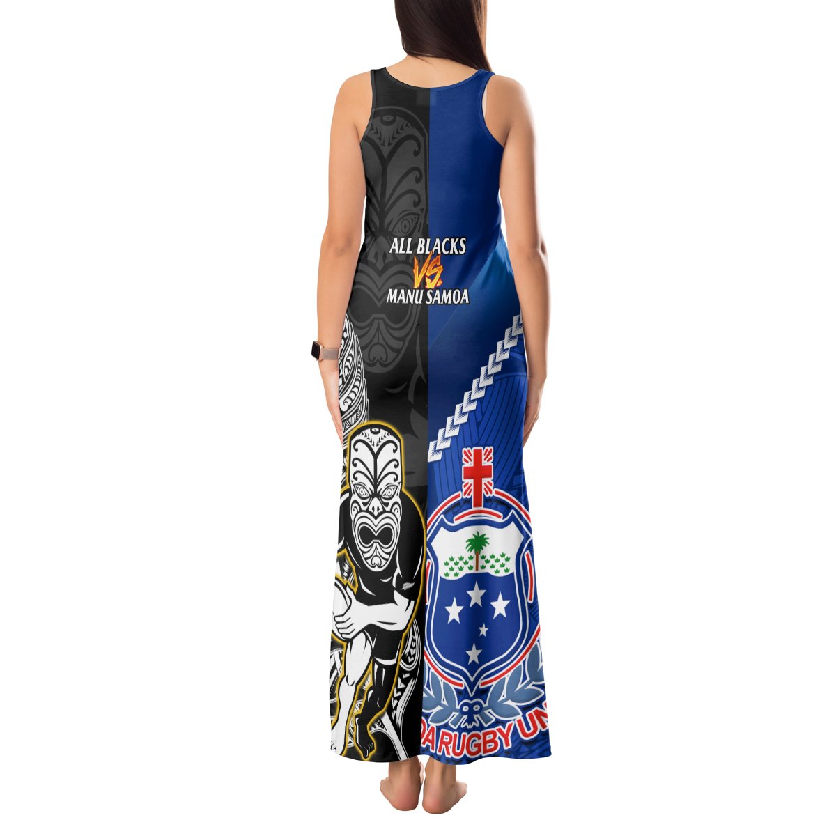New Zealand And Samoa Rugby Tank Maxi Dress All Black Tiki Fern Mix Manu Samoa 2023 World Cup LT14 - Polynesian Pride