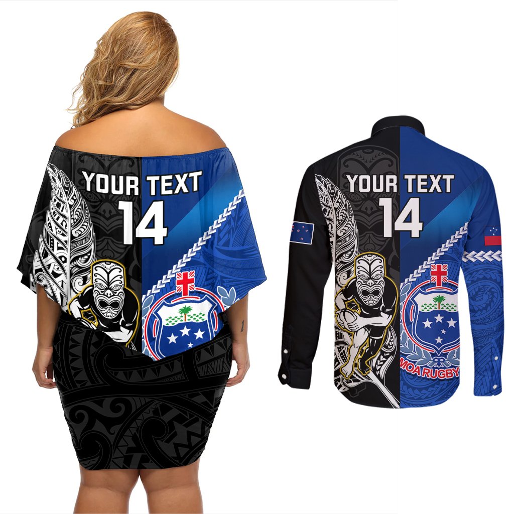 Custom New Zealand And Samoa Rugby Couples Matching Off Shoulder Short Dress and Long Sleeve Button Shirts All Black Tiki Fern Mix Manu Samoa 2023 World Cup LT14 - Polynesian Pride