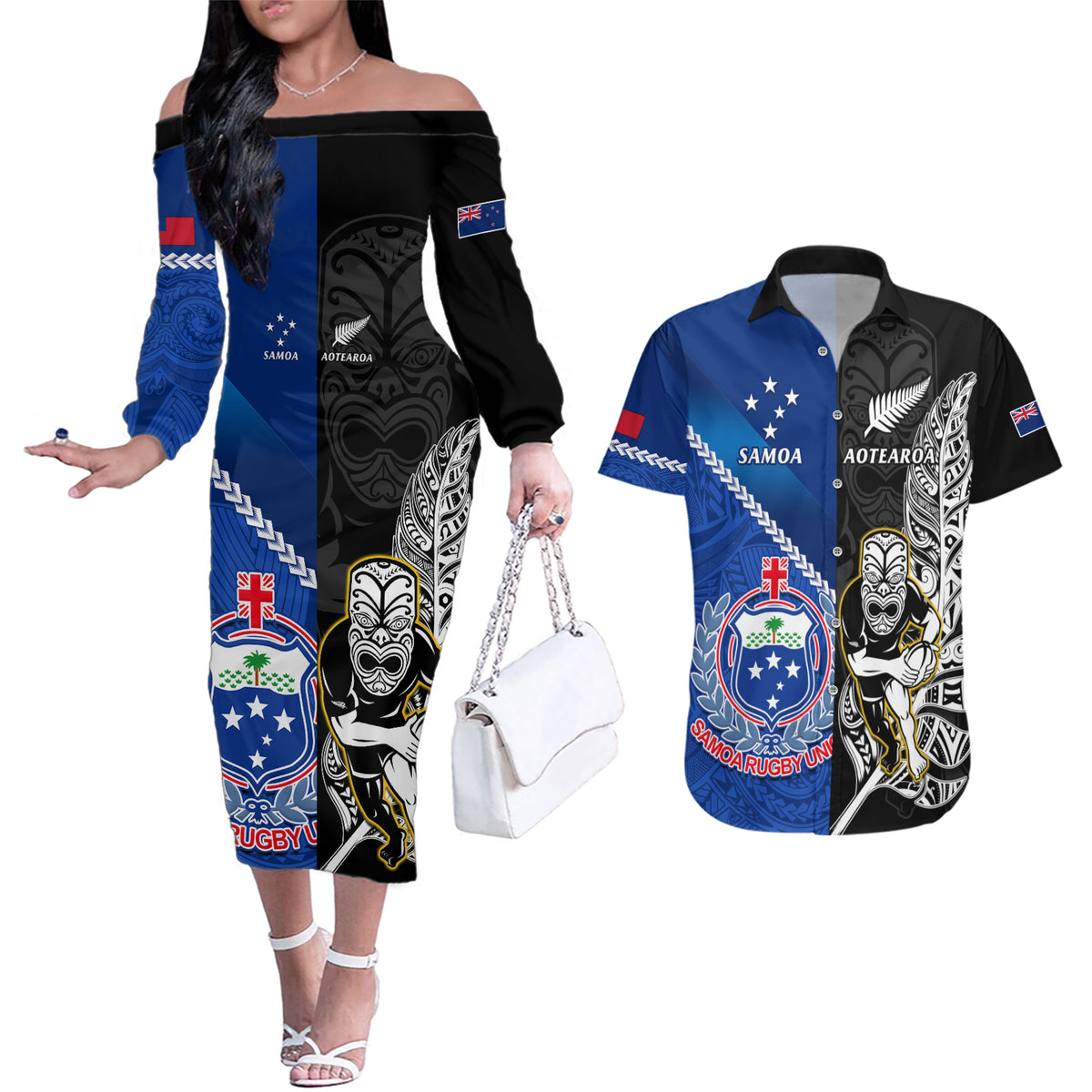 Custom New Zealand And Samoa Rugby Couples Matching Off The Shoulder Long Sleeve Dress and Hawaiian Shirt All Black Tiki Fern Mix Manu Samoa 2023 World Cup LT14 Black - Polynesian Pride