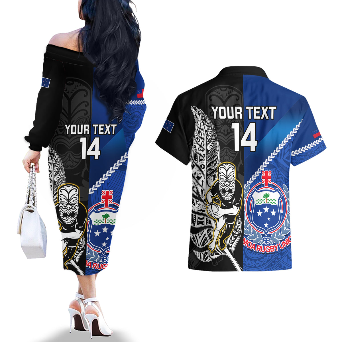 Custom New Zealand And Samoa Rugby Couples Matching Off The Shoulder Long Sleeve Dress and Hawaiian Shirt All Black Tiki Fern Mix Manu Samoa 2023 World Cup LT14 - Polynesian Pride