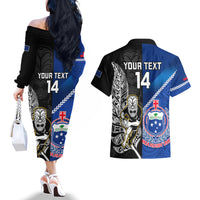 Custom New Zealand And Samoa Rugby Couples Matching Off The Shoulder Long Sleeve Dress and Hawaiian Shirt All Black Tiki Fern Mix Manu Samoa 2023 World Cup LT14 - Polynesian Pride
