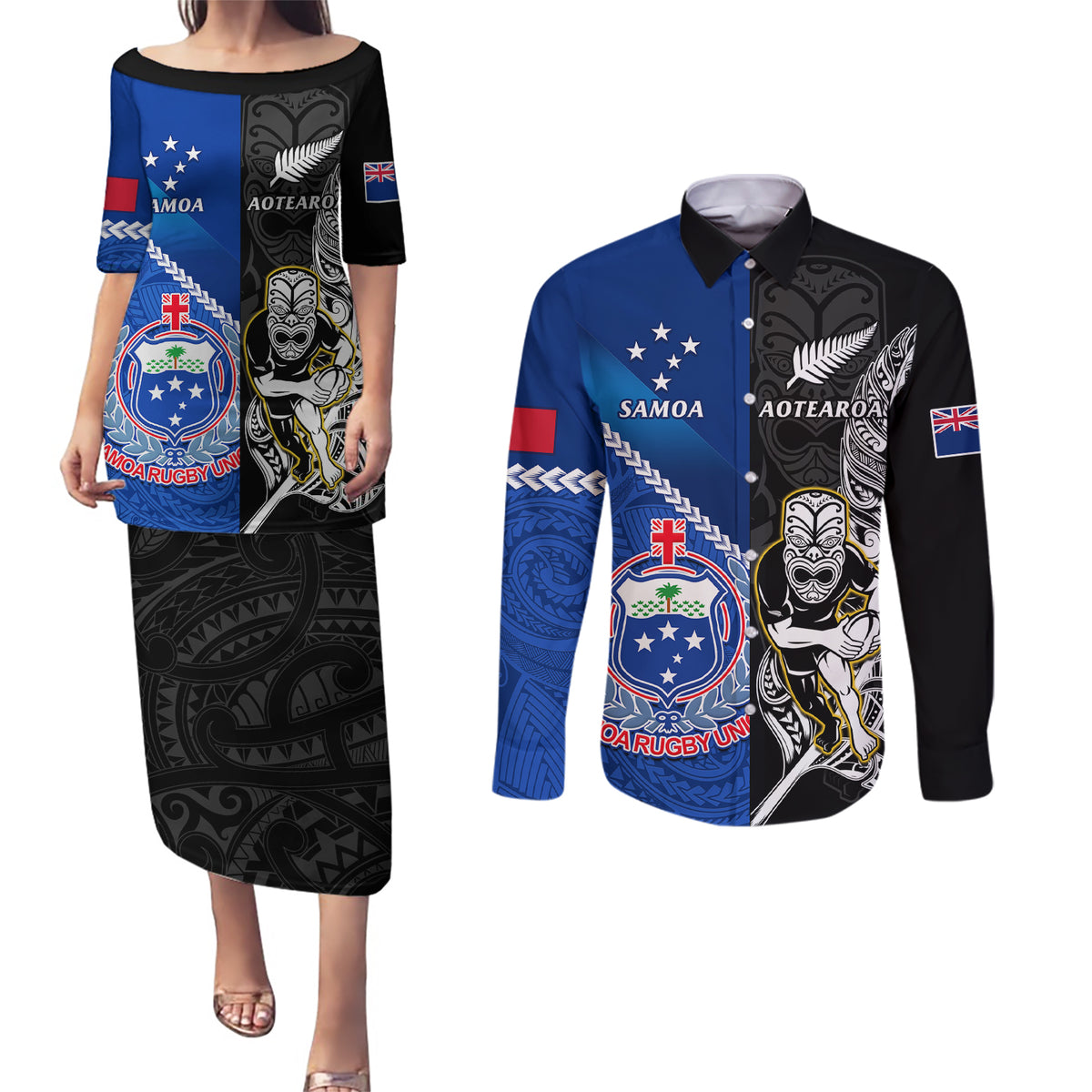 Custom New Zealand And Samoa Rugby Couples Matching Puletasi Dress and Long Sleeve Button Shirts All Black Tiki Fern Mix Manu Samoa 2023 World Cup LT14 Black - Polynesian Pride