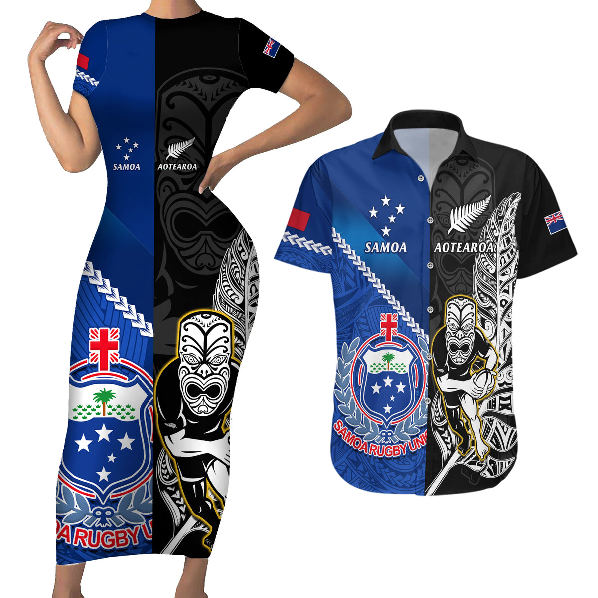 Custom New Zealand And Samoa Rugby Couples Matching Short Sleeve Bodycon Dress and Hawaiian Shirt All Black Tiki Fern Mix Manu Samoa 2023 World Cup LT14 Black - Polynesian Pride