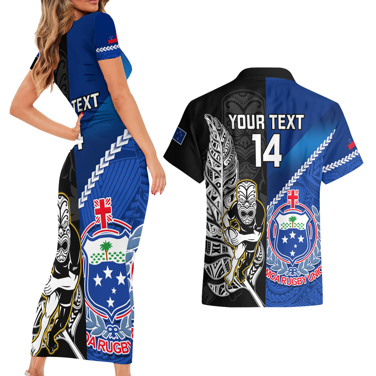 Custom New Zealand And Samoa Rugby Couples Matching Short Sleeve Bodycon Dress and Hawaiian Shirt All Black Tiki Fern Mix Manu Samoa 2023 World Cup LT14 - Polynesian Pride