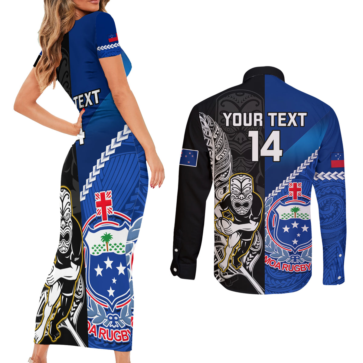 Custom New Zealand And Samoa Rugby Couples Matching Short Sleeve Bodycon Dress and Long Sleeve Button Shirts All Black Tiki Fern Mix Manu Samoa 2023 World Cup LT14 - Polynesian Pride