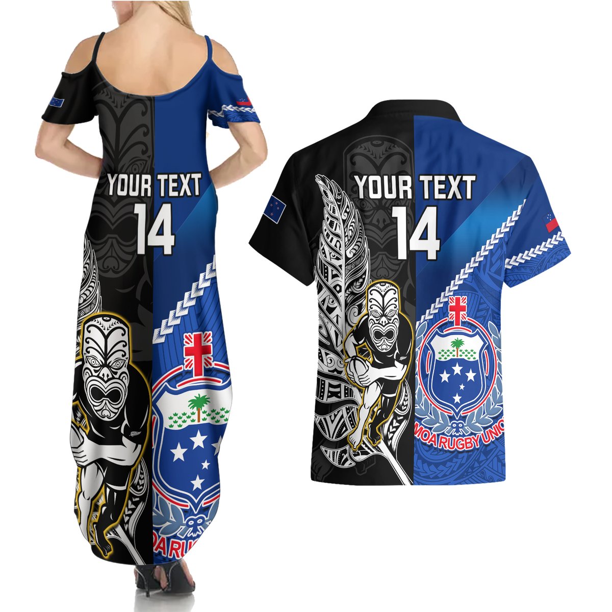 Custom New Zealand And Samoa Rugby Couples Matching Summer Maxi Dress and Hawaiian Shirt All Black Tiki Fern Mix Manu Samoa 2023 World Cup LT14 - Polynesian Pride