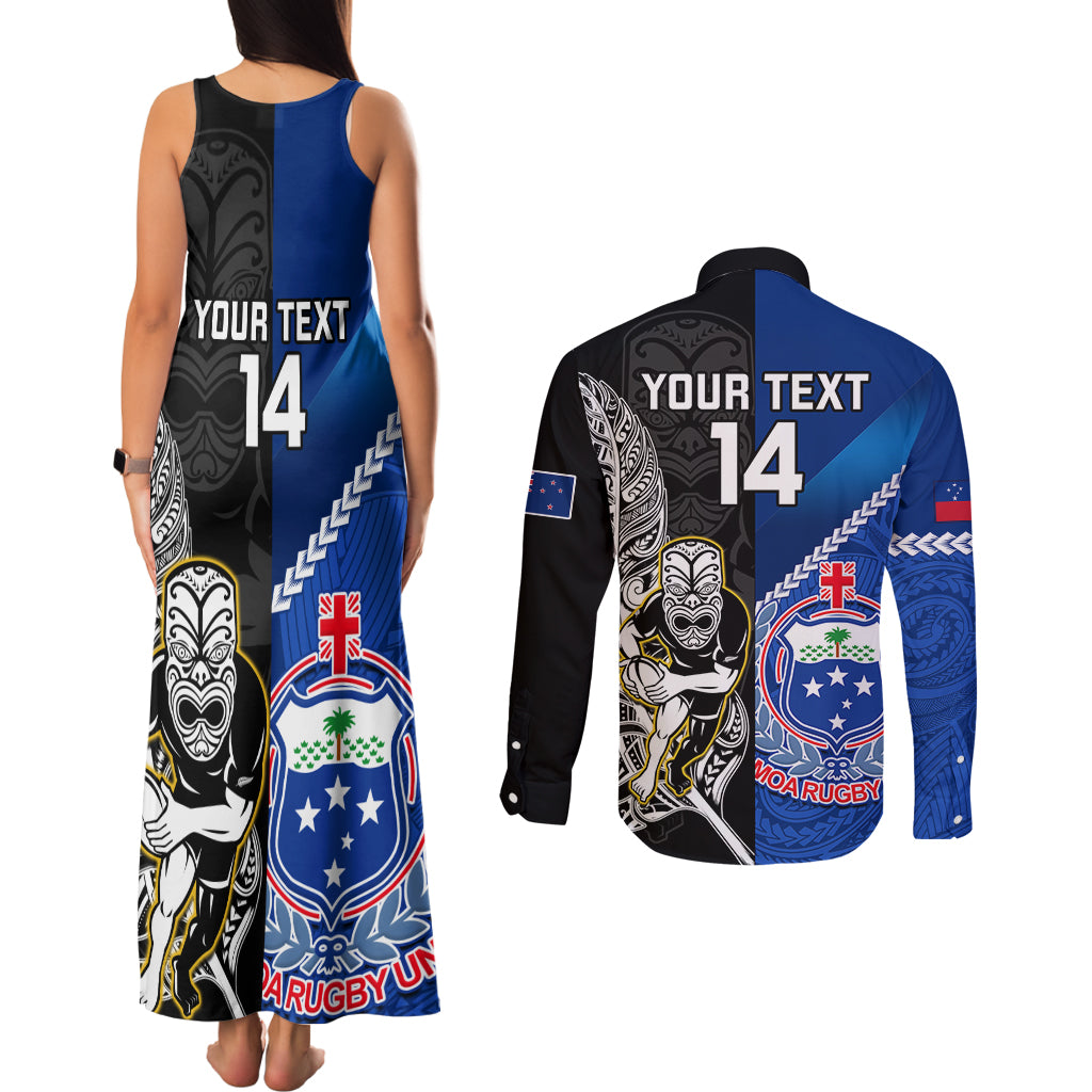 Custom New Zealand And Samoa Rugby Couples Matching Tank Maxi Dress and Long Sleeve Button Shirts All Black Tiki Fern Mix Manu Samoa 2023 World Cup LT14 - Polynesian Pride