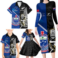 Custom New Zealand And Samoa Rugby Family Matching Long Sleeve Bodycon Dress and Hawaiian Shirt All Black Tiki Fern Mix Manu Samoa 2023 World Cup LT14 - Polynesian Pride