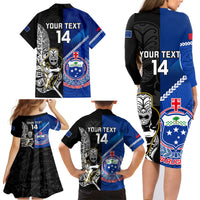 Custom New Zealand And Samoa Rugby Family Matching Long Sleeve Bodycon Dress and Hawaiian Shirt All Black Tiki Fern Mix Manu Samoa 2023 World Cup LT14 - Polynesian Pride