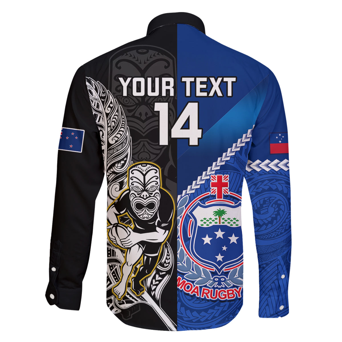 Custom New Zealand And Samoa Rugby Family Matching Long Sleeve Bodycon Dress and Hawaiian Shirt All Black Tiki Fern Mix Manu Samoa 2023 World Cup LT14 - Polynesian Pride