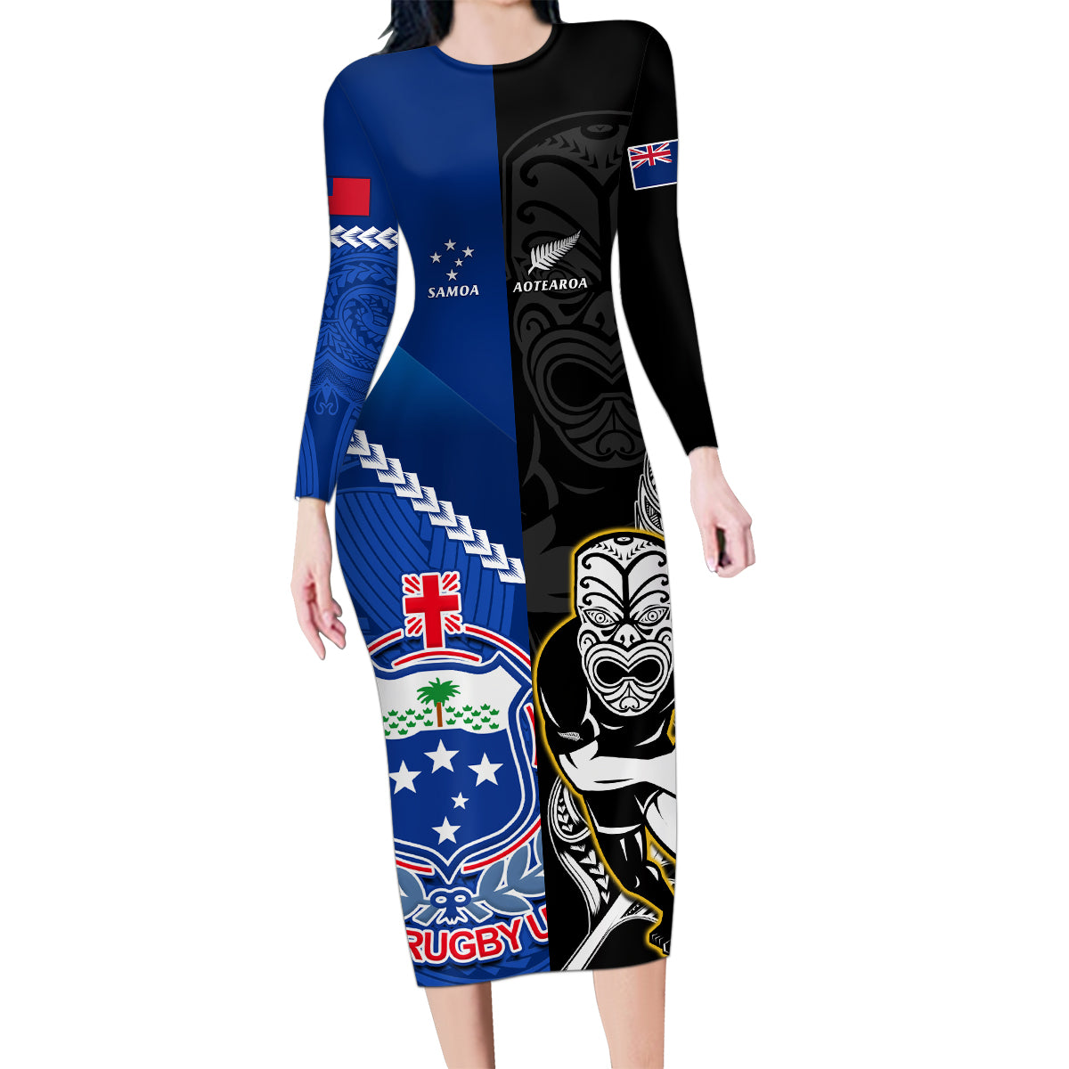 Custom New Zealand And Samoa Rugby Family Matching Long Sleeve Bodycon Dress and Hawaiian Shirt All Black Tiki Fern Mix Manu Samoa 2023 World Cup LT14 Mom's Dress Black - Polynesian Pride