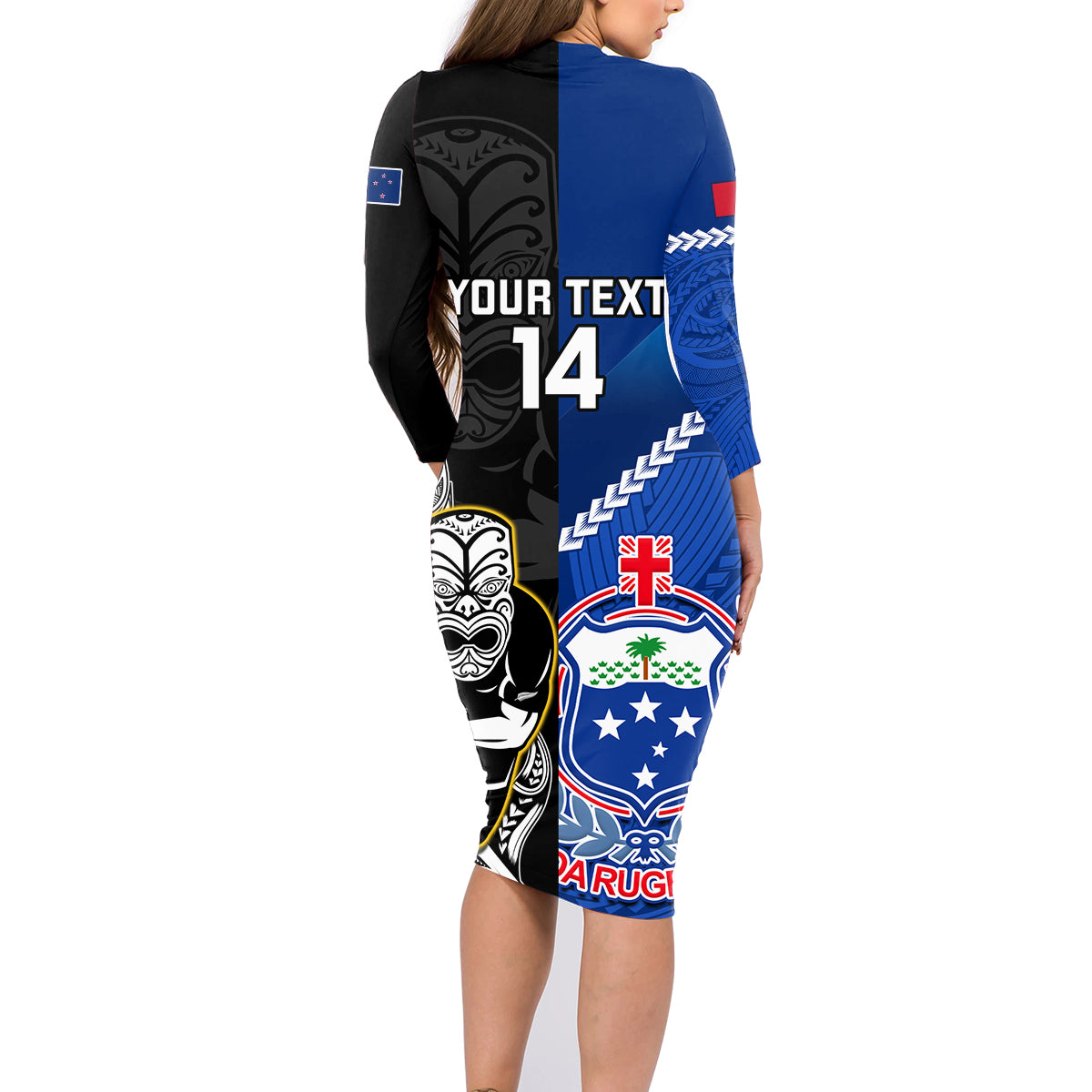 Custom New Zealand And Samoa Rugby Family Matching Long Sleeve Bodycon Dress and Hawaiian Shirt All Black Tiki Fern Mix Manu Samoa 2023 World Cup LT14 - Polynesian Pride