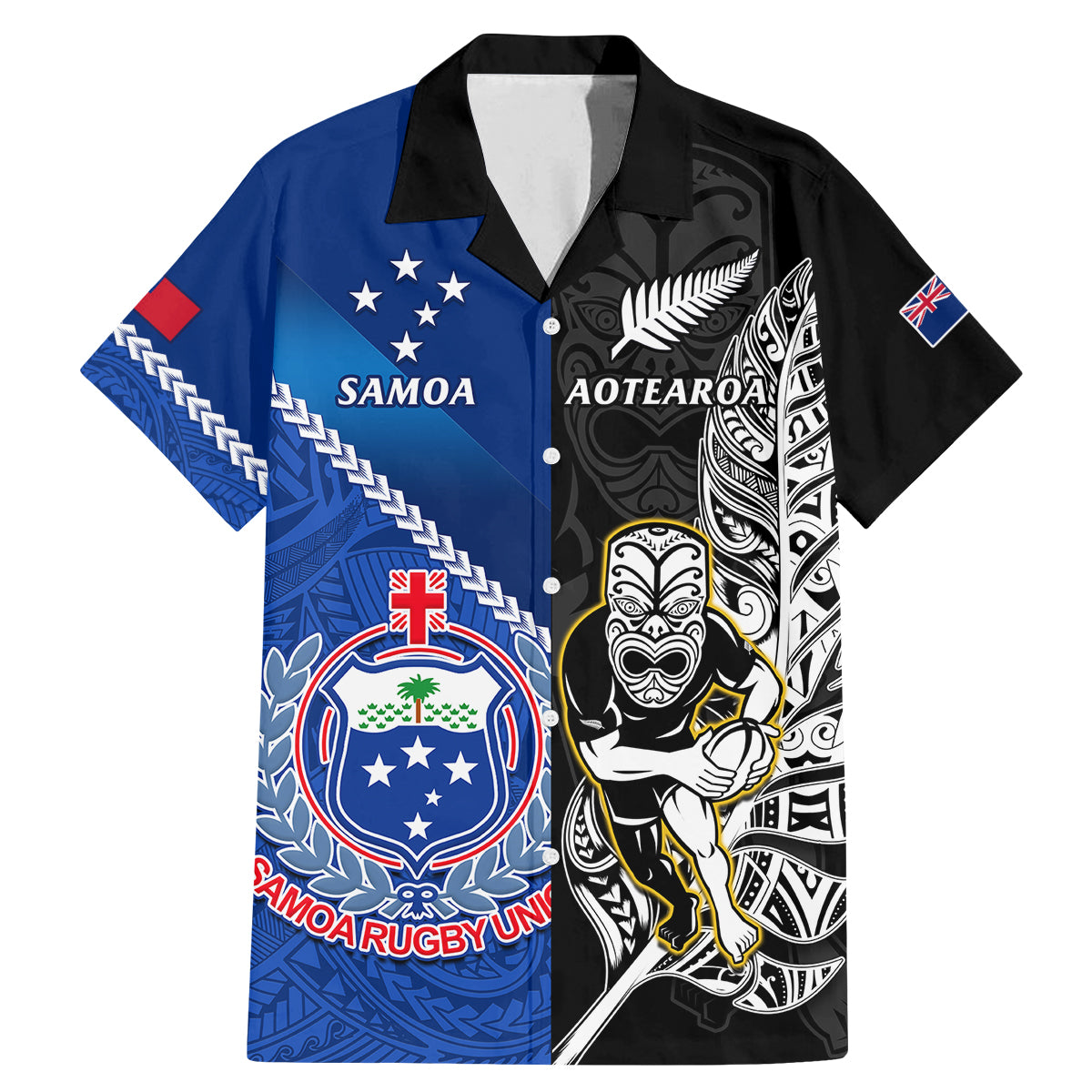 Custom New Zealand And Samoa Rugby Family Matching Mermaid Dress and Hawaiian Shirt All Black Tiki Fern Mix Manu Samoa 2023 World Cup LT14 Dad's Shirt - Short Sleeve Black - Polynesian Pride