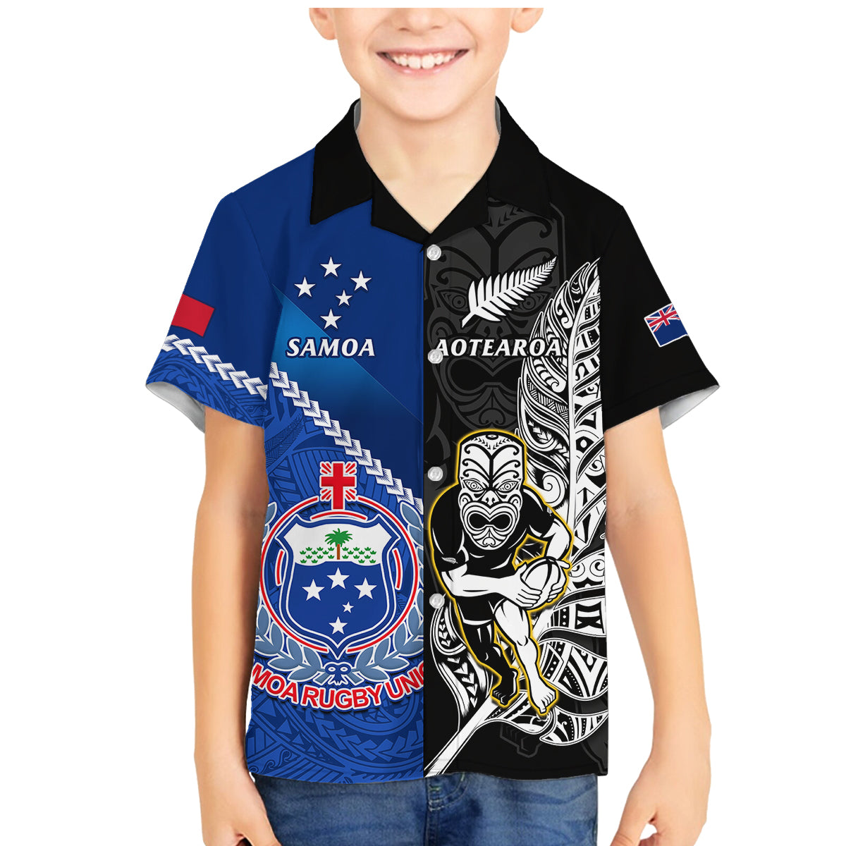 Custom New Zealand And Samoa Rugby Family Matching Mermaid Dress and Hawaiian Shirt All Black Tiki Fern Mix Manu Samoa 2023 World Cup LT14 Son's Shirt Black - Polynesian Pride