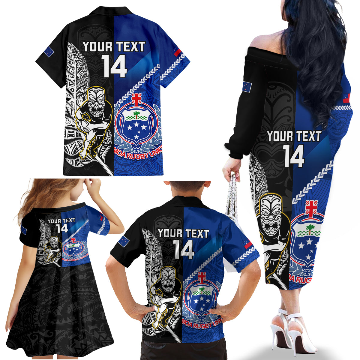 Custom New Zealand And Samoa Rugby Family Matching Off Shoulder Long Sleeve Dress and Hawaiian Shirt All Black Tiki Fern Mix Manu Samoa 2023 World Cup LT14 - Polynesian Pride