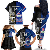 Custom New Zealand And Samoa Rugby Family Matching Off Shoulder Long Sleeve Dress and Hawaiian Shirt All Black Tiki Fern Mix Manu Samoa 2023 World Cup LT14 - Polynesian Pride
